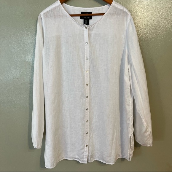 Tahari Womens 100% Linen Button Down Tunic Top Blouse Roll Top Sleeve 1X White - Picture 1 of 11